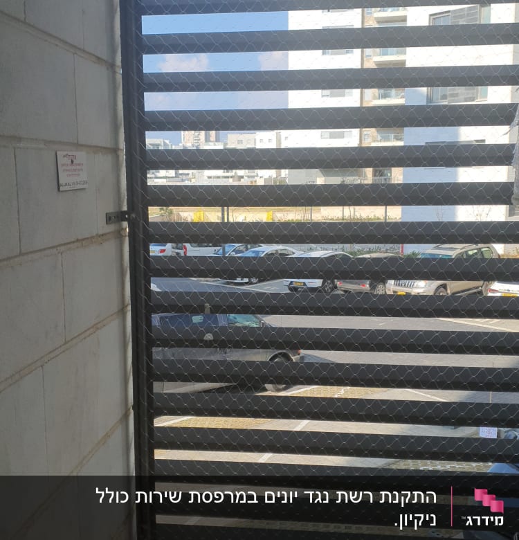 רשת מתכת מותקנת על חלון למניעת כניסת יונים